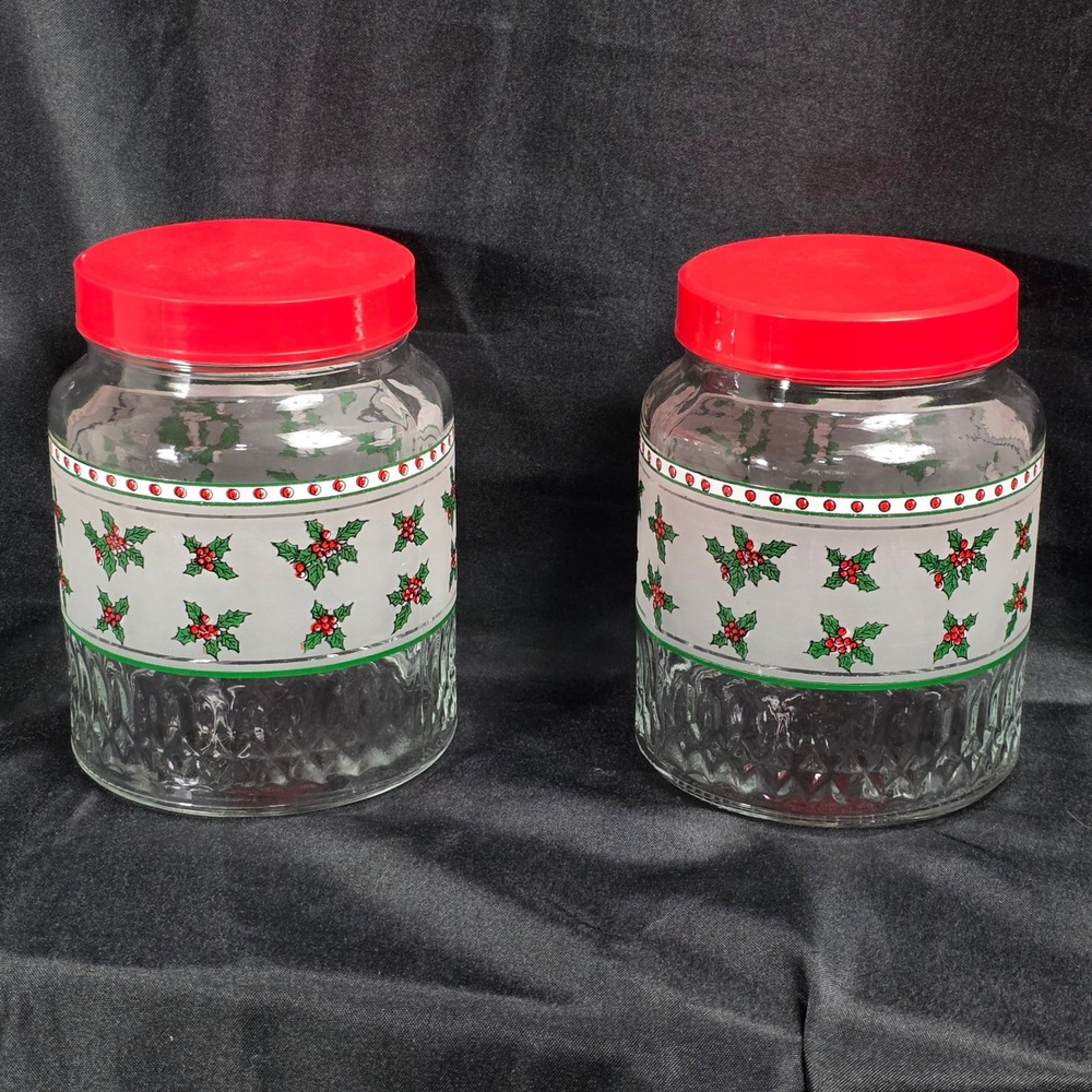 Set of 2 Vintage Christmas Holly Glass Jars Red Lids Kitchen‎ Storage Canisters